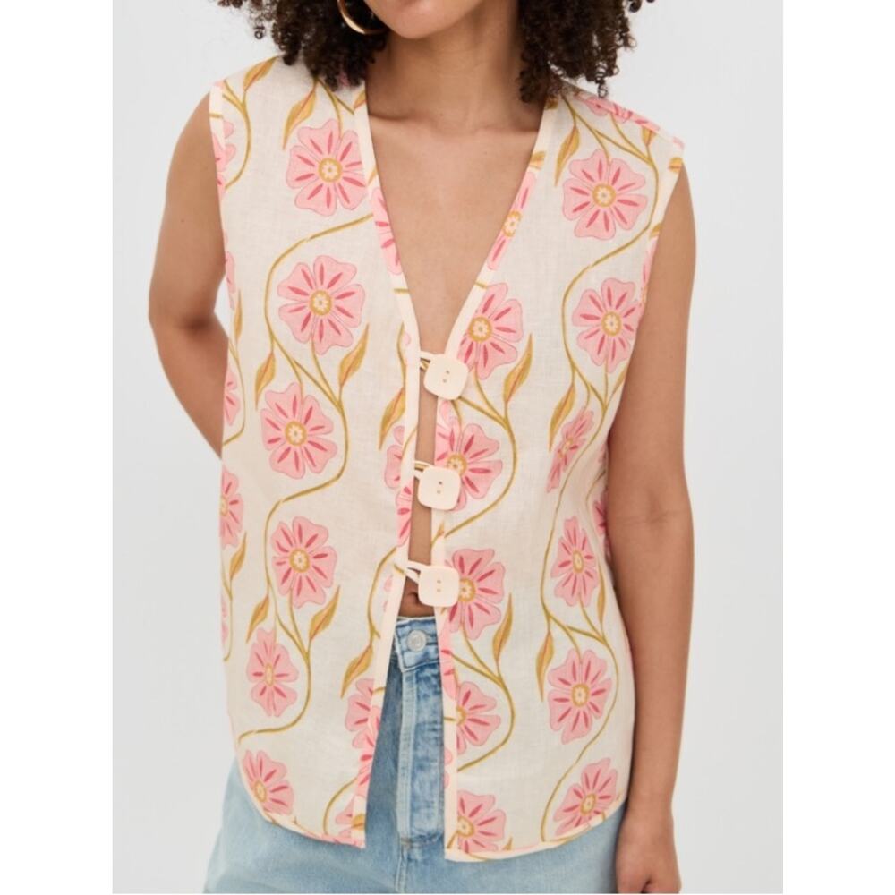 VRG GRL Lorena Linen Vest Bloom Cream Pink Floral size 8 Button Front
